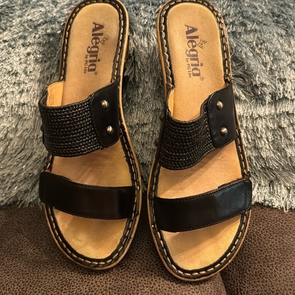Alegria Lana Classy Wedge Slide Sandal Black Leather LAN-101 Womens Size EU 38